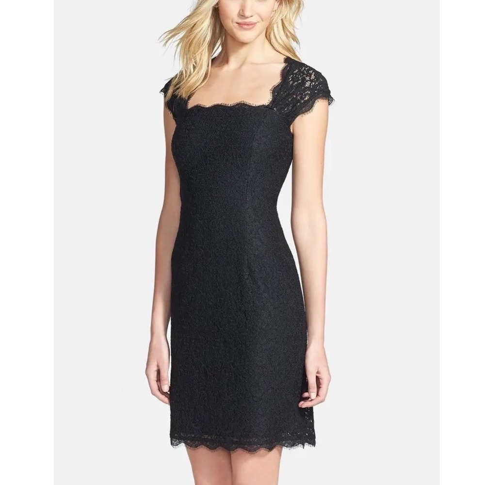 Adrianna Papell Black Lace Sheath Dress‎ Keyhole Back Cap Sleeve Size 16 NEW